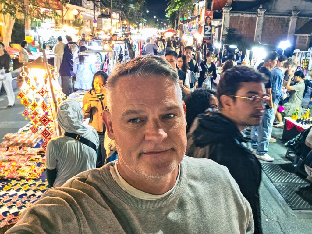 The author taking a selfie at the Sunday Night Market in the old town of Chiang Mai