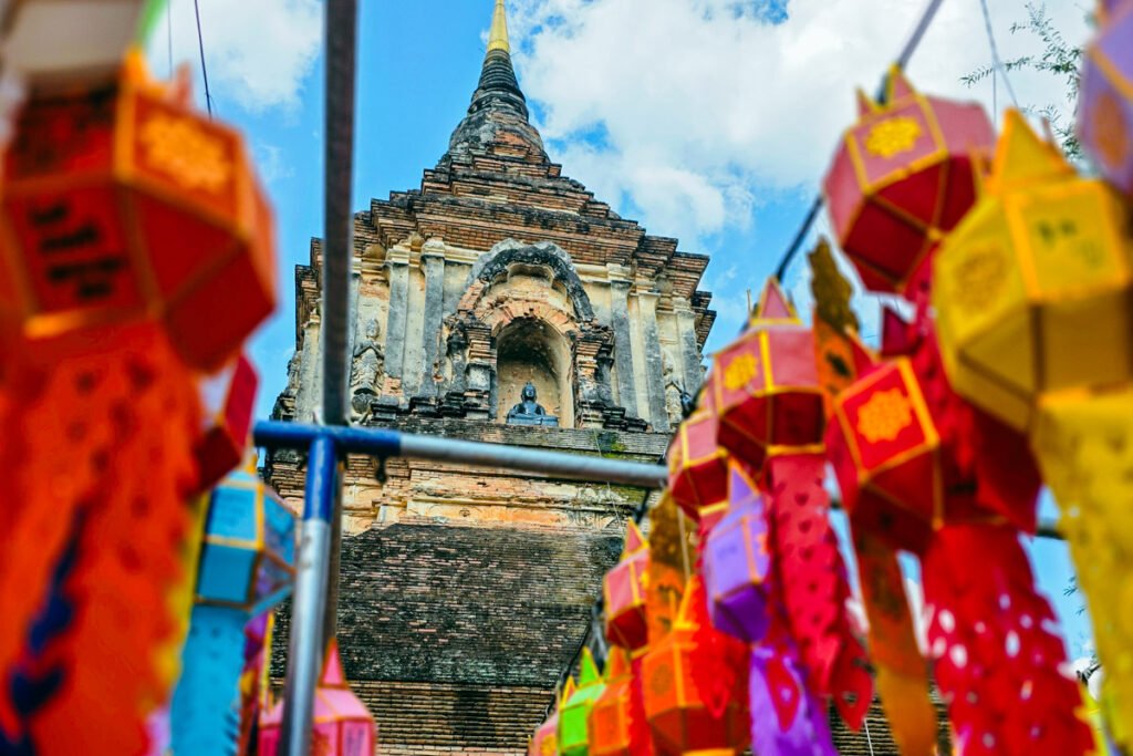 Wat Lok Moli temple in Chiang Mai. Photographed from the ground and up towards the old tower.