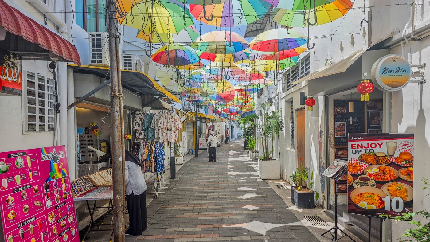 Colorful umbrellas above Armenian Street in George Town, Penang