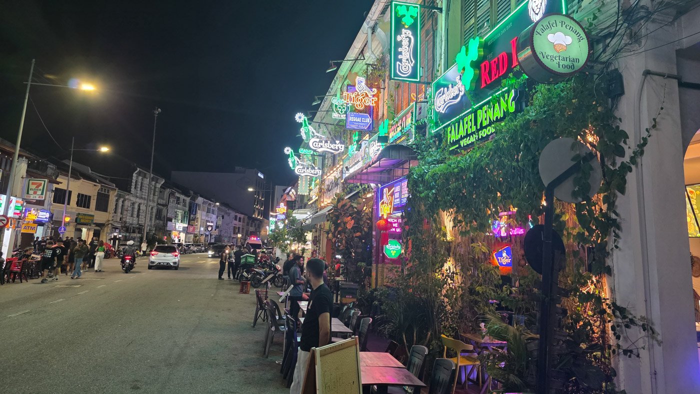 Bar street with nightlife venues in George Town, Penang