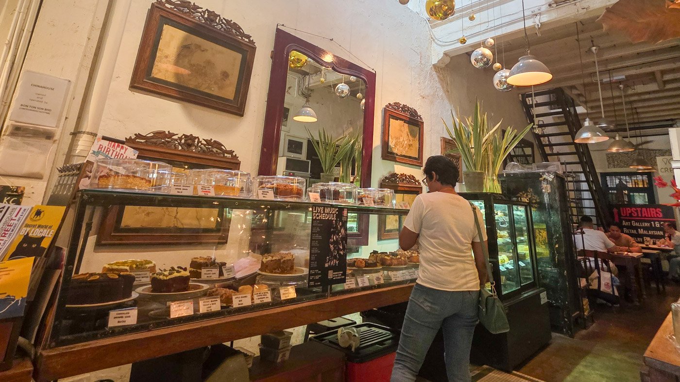 Cake counter inside China House cafe in George Town, Penang