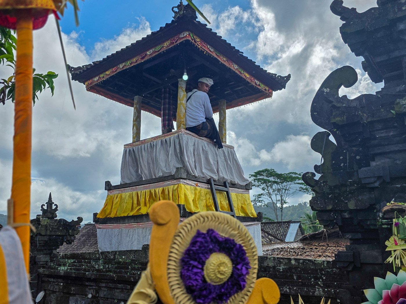 Temple tower in Sidemen during a full moon ceremony in Bali.
