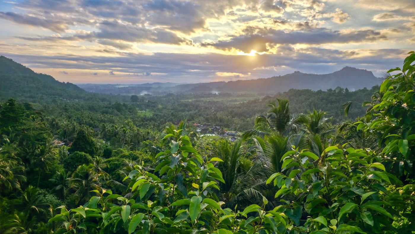 Valley landscape near a waterfall in Sidemen, Bali.